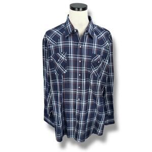 Ely Cattleman Shirt Men’s 3XLT XXXL Tall Blue Plaid Western Pearl Snap Button-Up